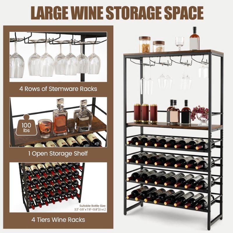 Refined Industrial Freestanding Wine Bar Cabinet with Wooden Wine Rack Table