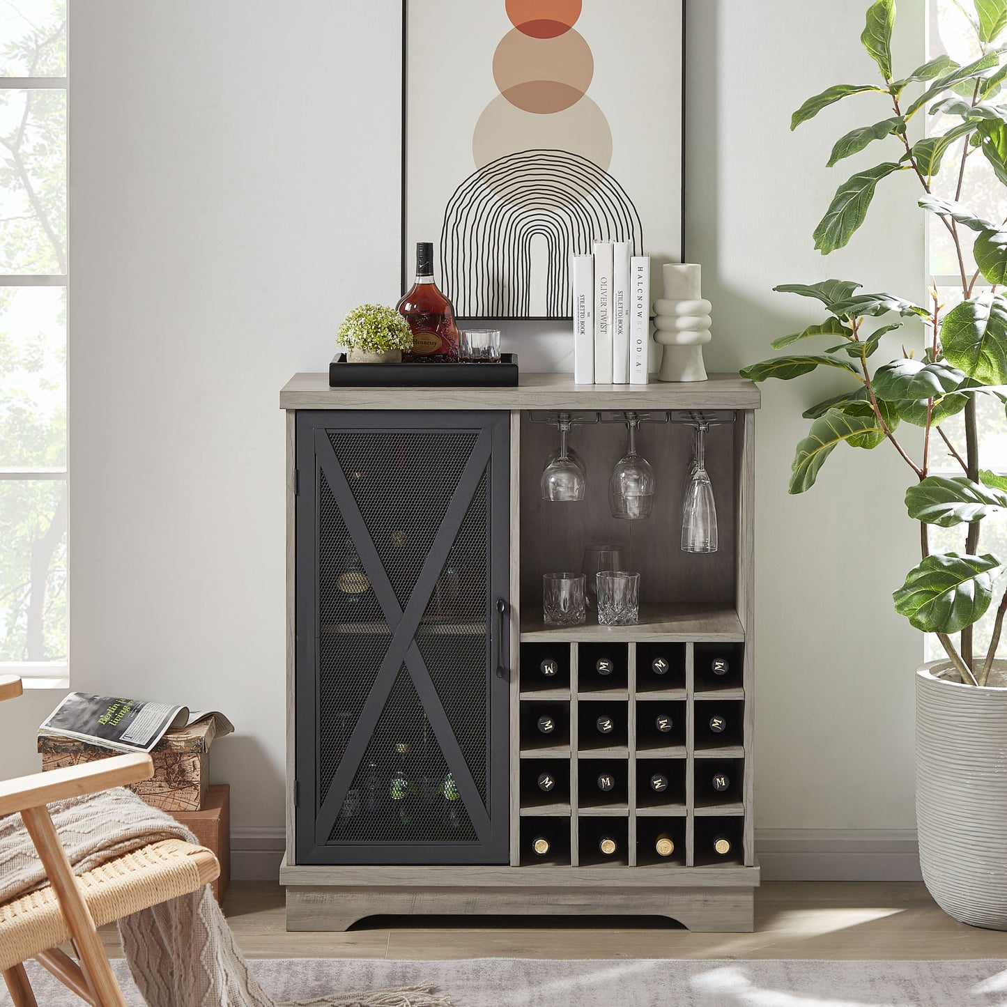 Single door wine cabinet with 16 wine storage compartments