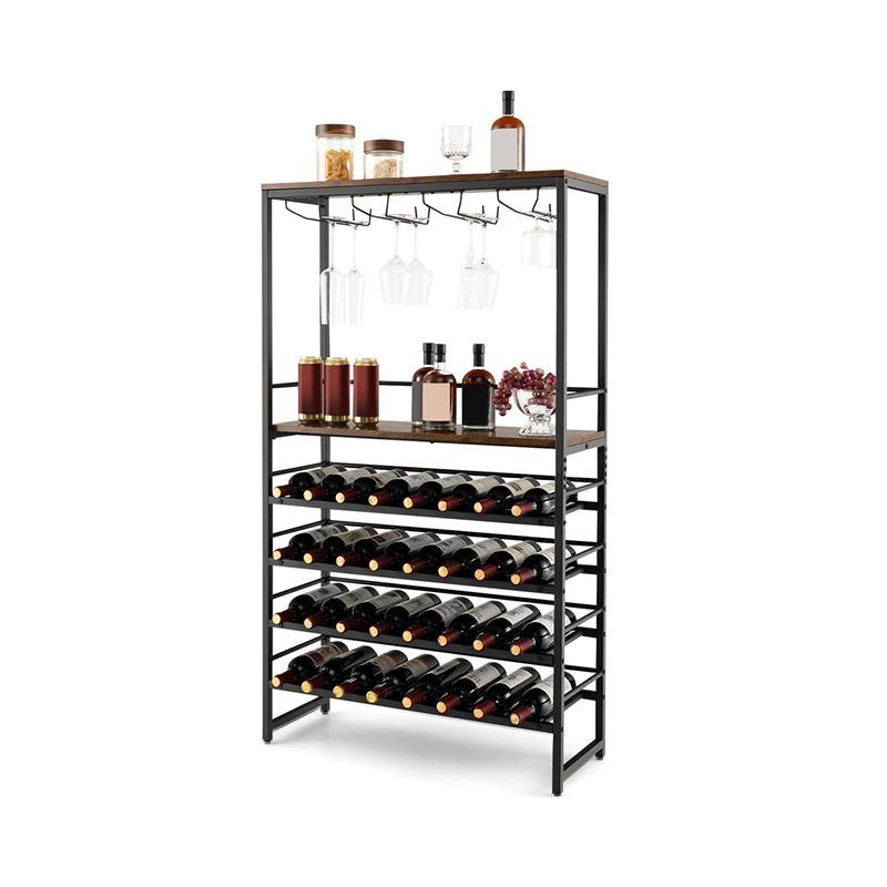 Refined Industrial Freestanding Wine Bar Cabinet with Wooden Wine Rack Table