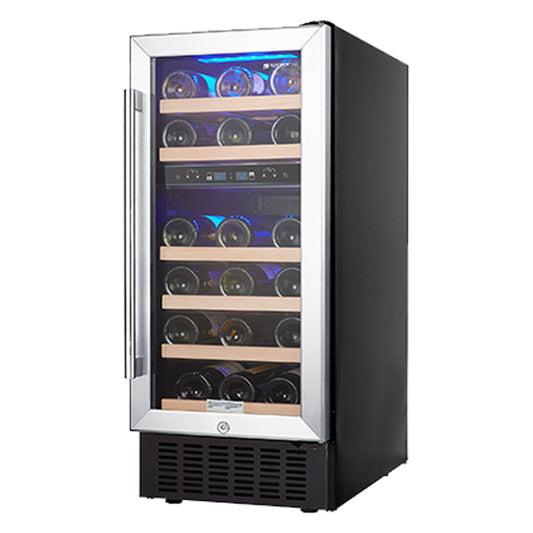 15-Inch Wine Cooler Refrigerator: 28-Bottle Capacity, Fast Cooling, Low Noise, Stainless Steel Frame, Digital Temperature Control Screen, Built-in or Freestanding