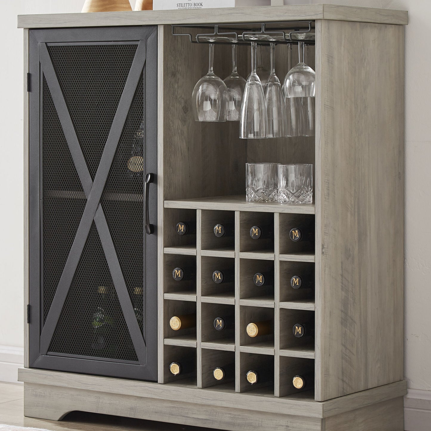 Single door wine cabinet with 16 wine storage compartments