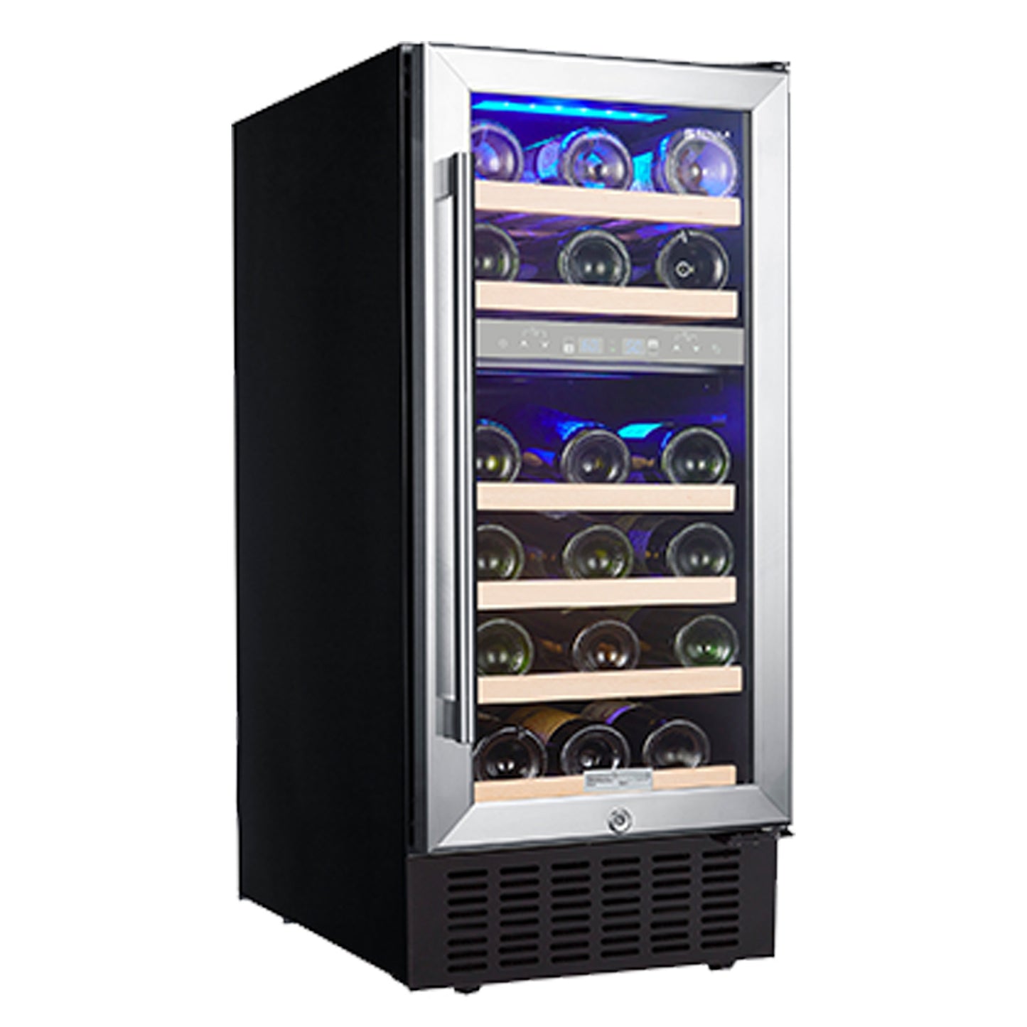 15-Inch Wine Cooler Refrigerator: 28-Bottle Capacity, Fast Cooling, Low Noise, Stainless Steel Frame, Digital Temperature Control Screen, Built-in or Freestanding