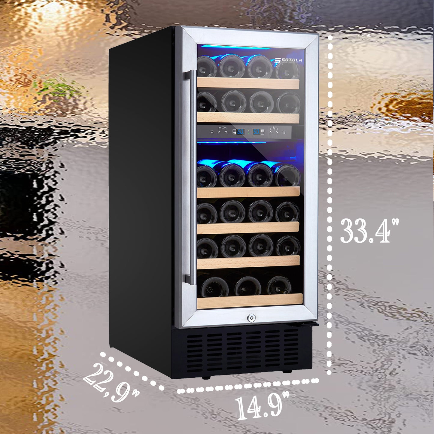 15-Inch Wine Cooler Refrigerator: 28-Bottle Capacity, Fast Cooling, Low Noise, Stainless Steel Frame, Digital Temperature Control Screen, Built-in or Freestanding