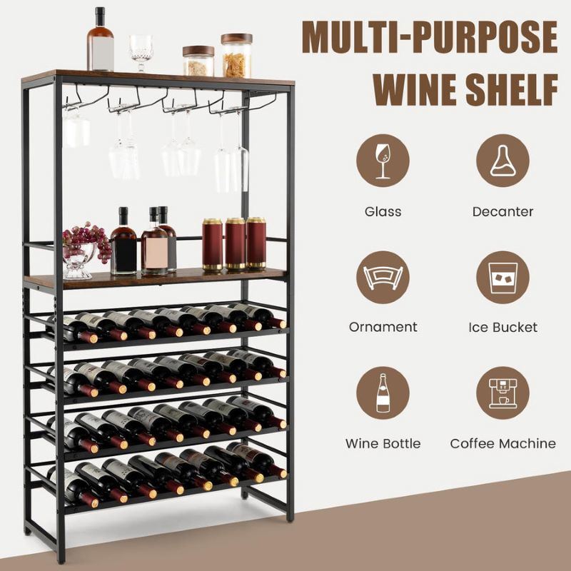 Refined Industrial Freestanding Wine Bar Cabinet with Wooden Wine Rack Table