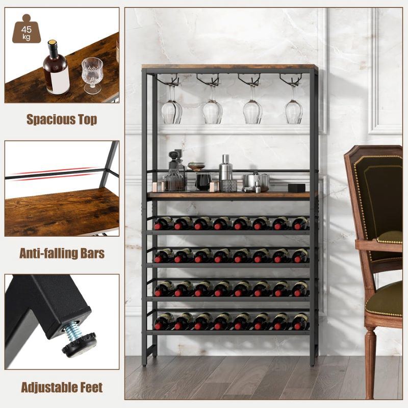 Refined Industrial Freestanding Wine Bar Cabinet with Wooden Wine Rack Table