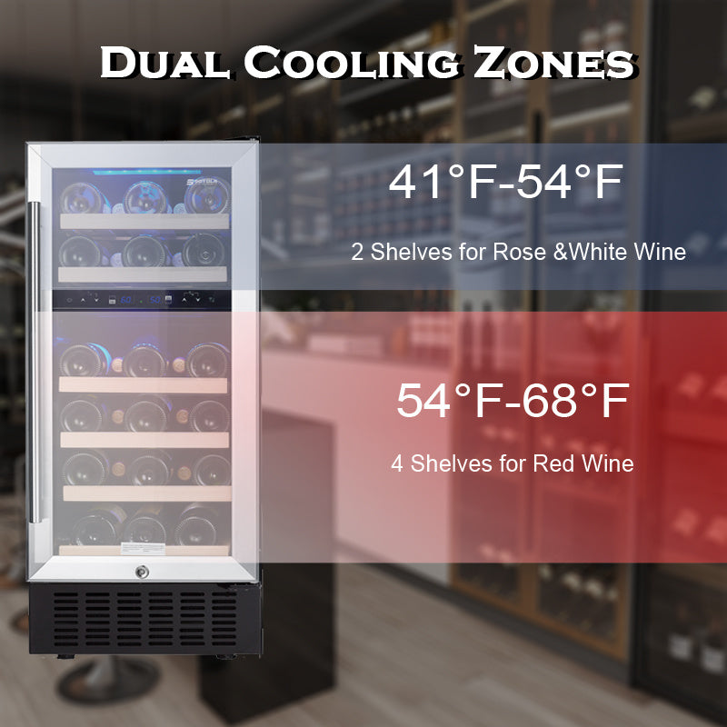 15-Inch Wine Cooler Refrigerator: 28-Bottle Capacity, Fast Cooling, Low Noise, Stainless Steel Frame, Digital Temperature Control Screen, Built-in or Freestanding