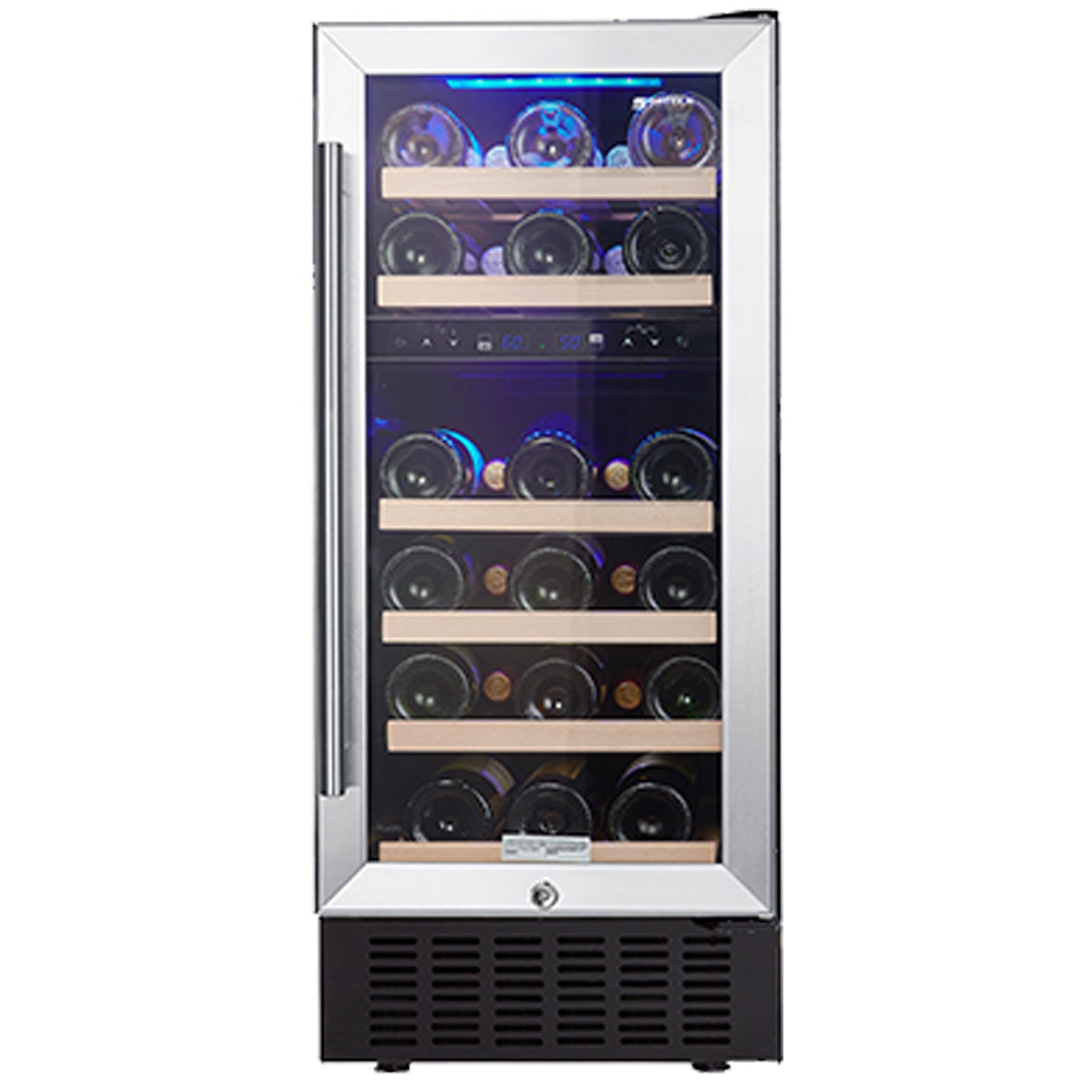 15-Inch Wine Cooler Refrigerator: 28-Bottle Capacity, Fast Cooling, Low Noise, Stainless Steel Frame, Digital Temperature Control Screen, Built-in or Freestanding