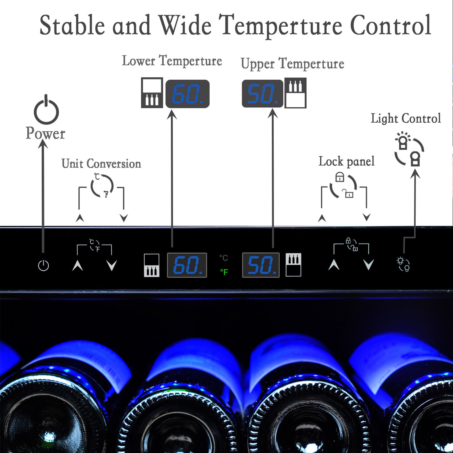 15-Inch Wine Cooler Refrigerator: 28-Bottle Capacity, Fast Cooling, Low Noise, Stainless Steel Frame, Digital Temperature Control Screen, Built-in or Freestanding