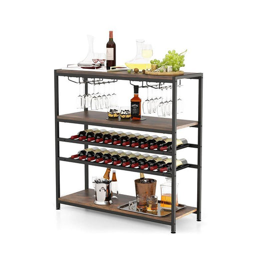 Refined Industrial Freestanding Wine Bar Cabinet with Wooden Wine Rack Table