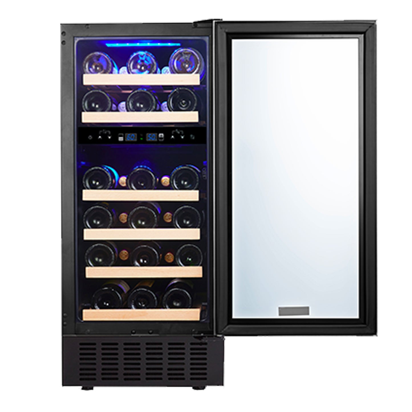 15-Inch Wine Cooler Refrigerator: 28-Bottle Capacity, Fast Cooling, Low Noise, Stainless Steel Frame, Digital Temperature Control Screen, Built-in or Freestanding