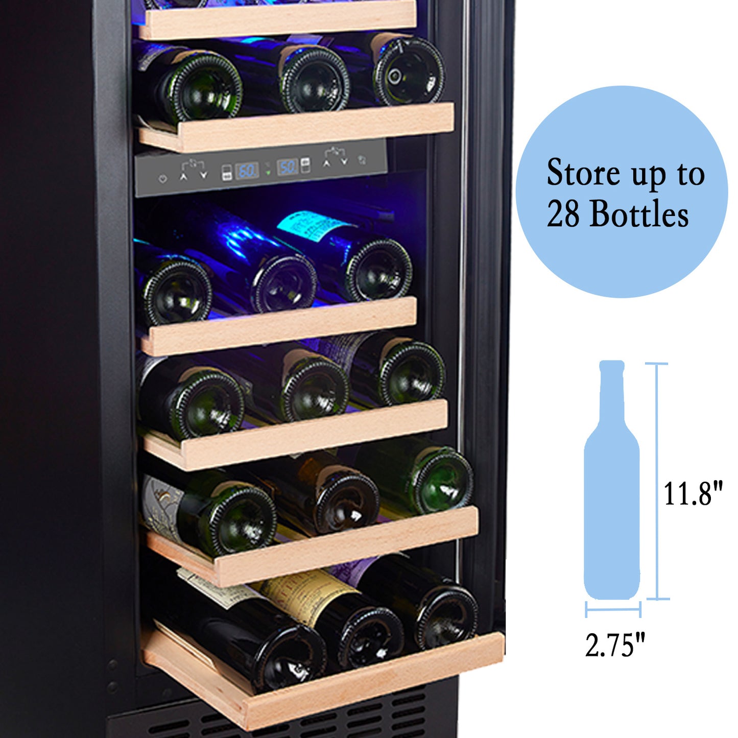 15-Inch Wine Cooler Refrigerator: 28-Bottle Capacity, Fast Cooling, Low Noise, Stainless Steel Frame, Digital Temperature Control Screen, Built-in or Freestanding